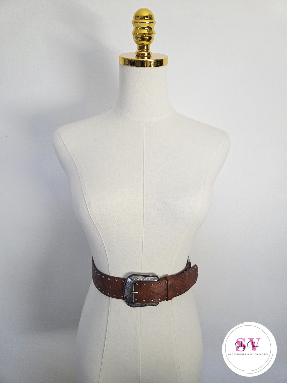 Brown Studded Leather Belt with Silver Buckle
